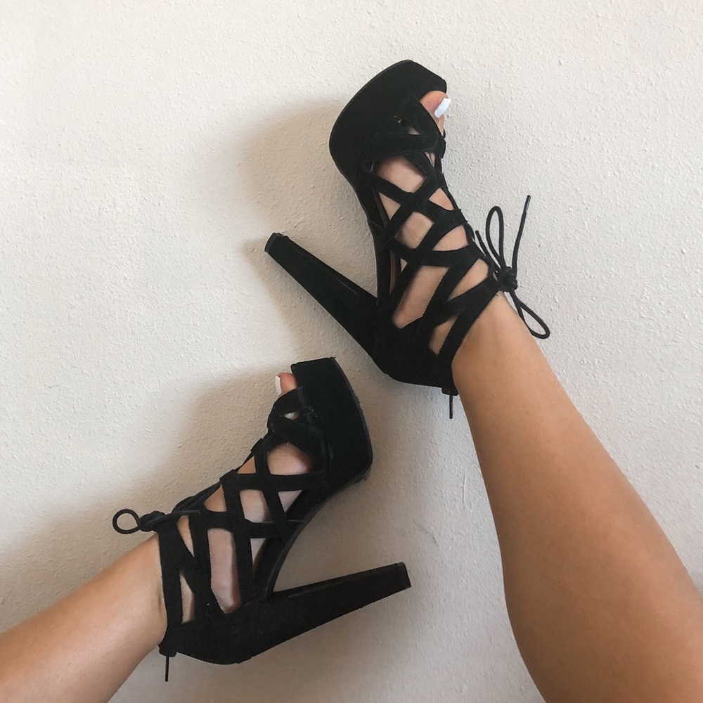 Black Lace Up Chunky Heels